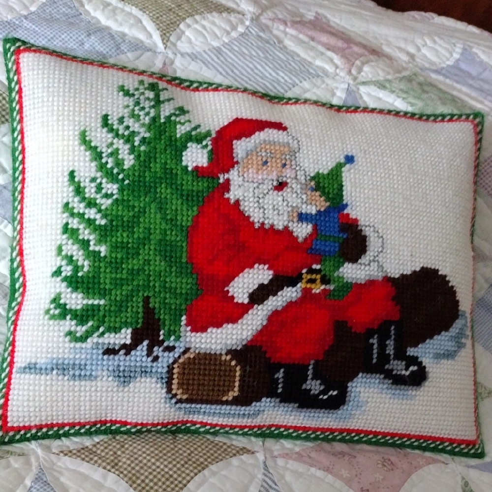 Vintage Handmade Santa and Tree Pillow